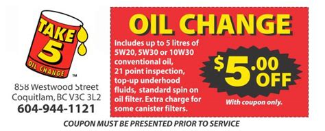 SALE 25% Off Take5OilChange.com Deal: Up To 25% Off Select Items Used 99,062 times. Get This Deal 15% Off Prime Day Deal Get Up To 15% Off Take 5 Oil Change + Free Shipping for Amazon Prime Day 2023 Used 15 times. View Deals 30% Off Save at eBay eBay Savings: Up to 30% Off Take 5 Oil Change Items at eBay. 