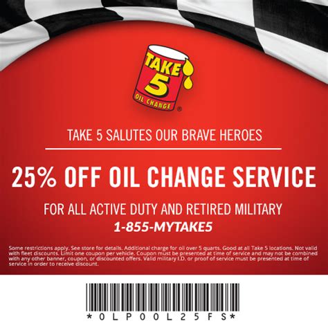 Take 5 coupon oil change. At Take 5, a fast oil change isn't the only thing you can get with our drive-thru oil change service in Fort Worth. We also offer air filter replacement and wiper blade replacement. Getting an oil change can be quick, easy, and convenient. Hoping to score a deal on a synthetic oil change? We've got coupons just for you. 