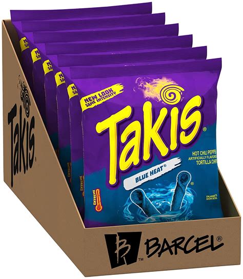 Includes 3 - 113g bags of Takis Blue Heat tortilla chips. TAKIS: Crunchy rolled corn tortilla chips with hot flavor - spice up your life and challenge your taste buds with Takis Blue Heat. BLUE HEAT FLAVOR: Your favorite Takis rolled corn tortilla chips with an intense flavor of hot chili pepper now available in captivating blue color.. 