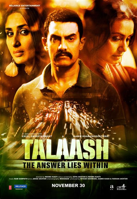 Talaash bollywood movie. Talaash. 2012 | Maturity Rating: 18+ | 2h 19m | Drama. Set in the jumbled landscape of Mumbai, this mystery drama centers on a police inspector who's trying to cope with the collapse of his marriage. Starring: Aamir Khan, Rani Mukerji, Kareena Kapoor. 