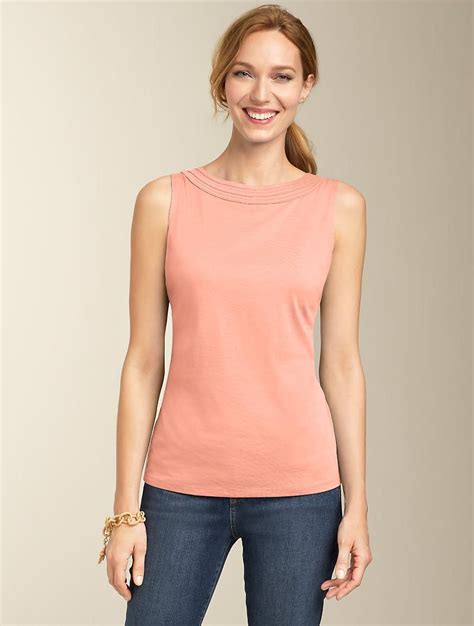 Talbots tank top. The range includes crew necks, long-sleeved styles and tank tops that can be worn regardless of the season. From tops in solid colors to ones with prints – think Breton stripes, florals and paisley – Talbots T-shirts are pieces you can always rely on to look fashionable without worrying about the latest trends. 