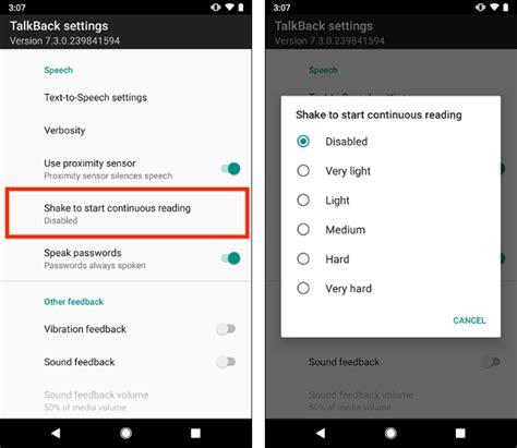 Talkback settings.  Shake to start continuous reading: Have TalkBack read continuously ...