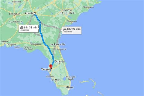 The fastest route from Atlanta to Tampa is via I-75 South. The total distance is approximately 460 miles, and the drive takes around 7 hours and 20 minutes without stops. But this is only an estimate and can vary based on traffic patterns. The Slowest Route. The slowest route from Atlanta to Tampa is via US-19 S.. 
