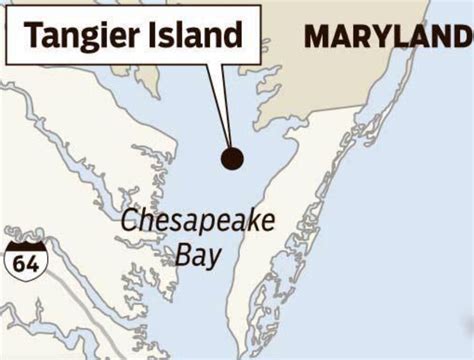 Tangier island location. Tangier Island is a squiggle of mud and marsh in the middle of the Chesapeake Bay, which is about 30 miles wide at that point, and a dozen miles from the … 