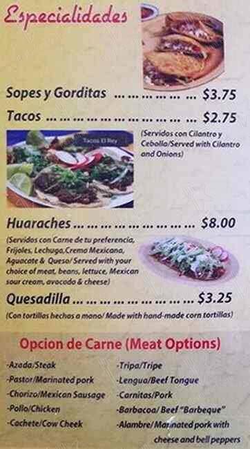 The actual menu of the Taqueria Y Carniceria El Rey restaurant. Prices and visitors' opinions on dishes.