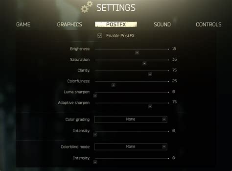 Tarkov best post fx settings. What are the best post FX settings for visibility? I want to mess with the post FX some and I'm wondering what are some good settings to help with visibility to spot players? Also sometimes I literally can't see anything in dark areas, I know a flashlight helps with that, but are there any settings in the post FX that I can adjust to help dark ... 