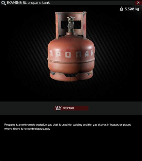 Spa Tour - Part 7 is a quest in Escape From Tarkov. The quest is given by Peacekeeper it is unlocked after completing Spa Tour - Part 6. Contents. ... Find 2 5L propane tanks in raid Hand over the tanks; Rewards +9700 XP +0.04 reputation with Peacekeeper; 1x Factory emergency exit key. 