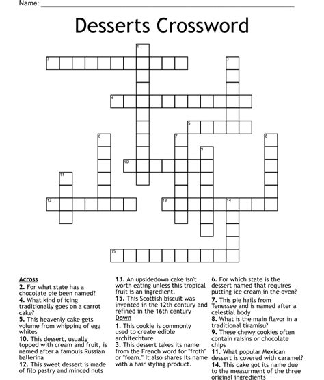The Crossword Solver found 30 answers to "Dessert topping (", 15 letters crossword clue. The Crossword Solver finds answers to classic crosswords and cryptic crossword puzzles. Enter the length or pattern for better results. Click the answer to find similar crossword clues . Enter a Crossword Clue. . 