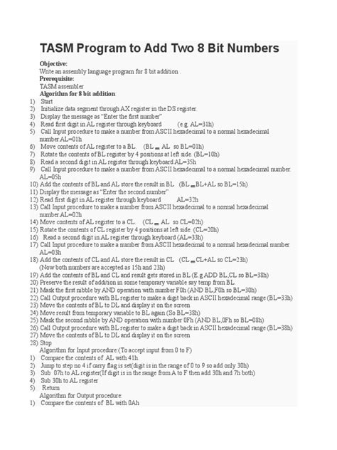 Tasm program to add two numbers.  The program code and sample output are ...