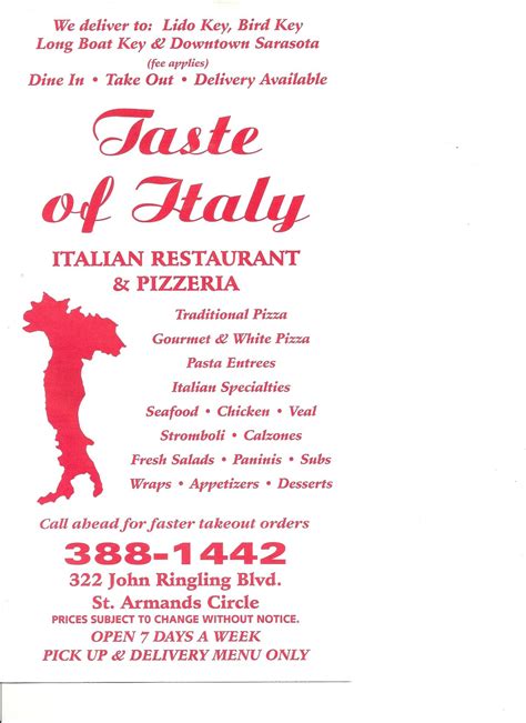 Taste Of Italy Menu With Prices
