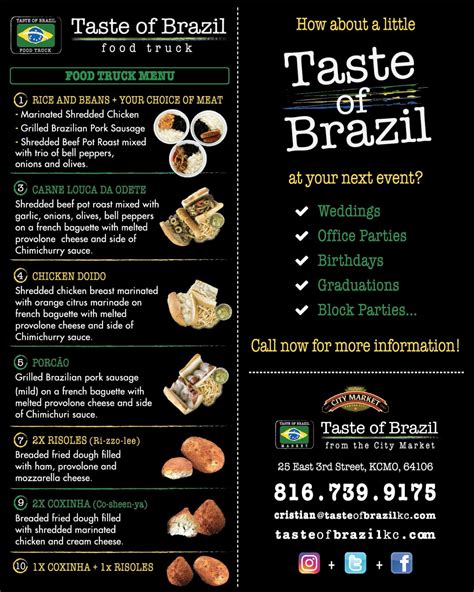 Taste of brazil. Feast at A Taste Of Brazil: Endless flavors, unforgettable experience. Menu. Our Menu. Appetizer's / Dinner; Mon -Thur 11am 2:30pm / Fri-Sun; Sandwishes/Fries/Pastry; 