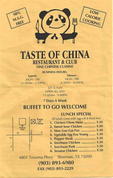 Taste of China, 4801 Texoma Pkwy. Add to wishlist. Add to compare. Share. #1 of 31 cafeterias in Denison. #3 of 31 cafeterias in Sherman. Add a photo. 109 …
