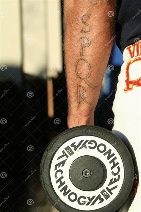 Tattoo SPQR Arm Gladiator with Dumbbell Editorial Image Image of