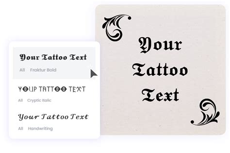 Tattoo design font generator. Tattoo Text Generator. Use our free Tattoo text generator tool below to create your own custom design logo or image. Enter your text, select a font, choose a font size, and pick your favorite colors. Hit the Generate button and your logo/image is created and ready to download. Enter your Text: Font Name: Font Size: Text Color: 
