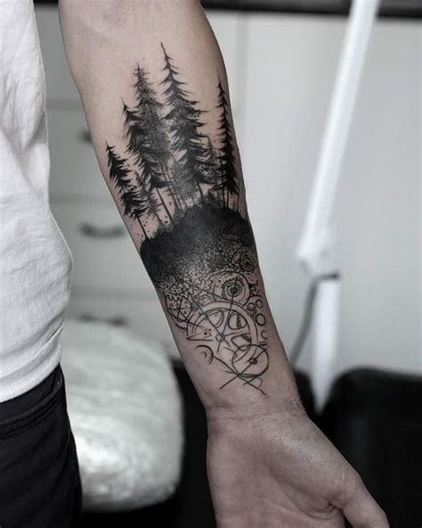 Source: @roch_saint via Instagram. Forest tattoos include trees, either grouped or individually. Trees are found in nearly every natural landscape across the globe and make exceptional contrasts for your tattoo idea. Traditionally, a tree tattoo symbol is linked to knowledge, growth, and wisdom, while also being associated with strength ....
