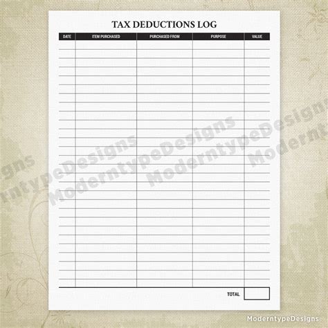 Tax Deductions Log Printable Moderntype Designs