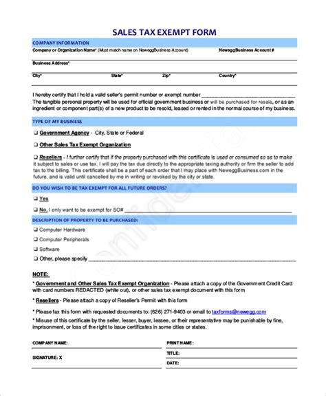 Taxation Exemption Documents for customers to complete and return
