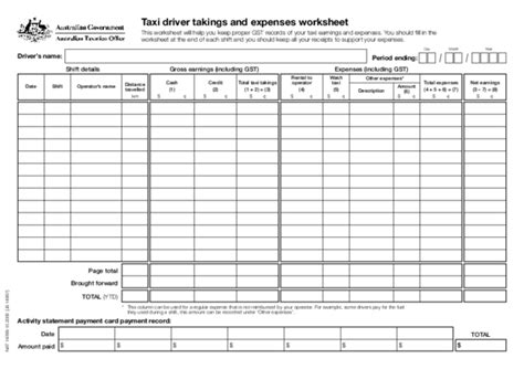 Taxi driver takings and expenses worksheet