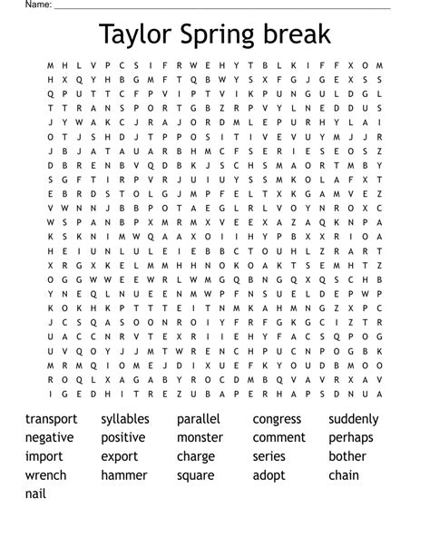 Taylor Spring break Word Search WordMint