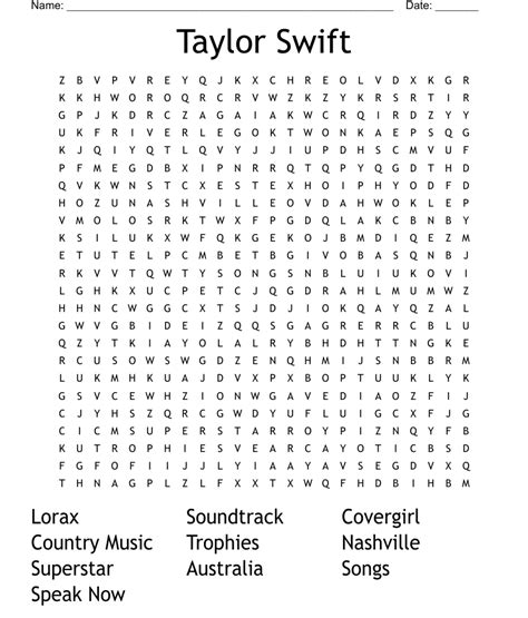 Taylor Swift Word Search WordMint
