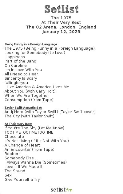 Taylor setlist fm. Get the Taylor Swift Setlist of the concert at Soldier Field, Chicago, IL, USA on June 4, 2023 from the The Eras Tour and other Taylor Swift Setlists for free on setlist.fm! setlist.fm Add Setlist. Search Clear search text. follow. Setlists; Artists; Festivals; Venues; Statistics Stats; News; Forum; Show Menu Hide Menu. Add Setlist … 