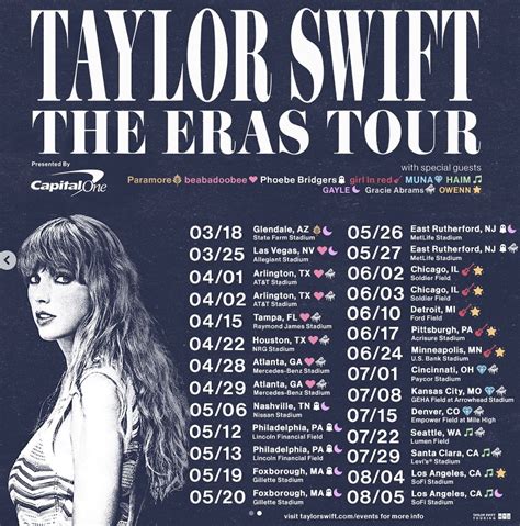 Taylor swift 2024 us tour dates. — As pop star Taylor Swift neared the last of her previously announced U.S. tour dates on “The Eras Tour,” she took to X, the social media platform formerly known as Twitter, to reveal new ... 