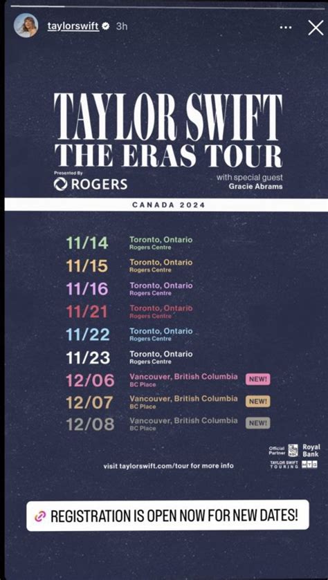 In total, Taylor Swift will be having nine concert dates in Canada. Check out the dates below. Nov. 14, 2024 at the Rogers Center in Toronto, Ontario. 