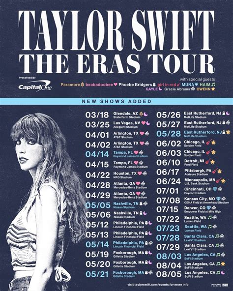 Taylor Swift 2023 U.S. Tour Dates. Taylor Swift tour dates. Republic Media / Capital One. March 18 – Glendale, Ariz. @ State Farm Stadium * #. 