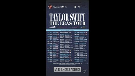 Aug 3, 2023 ... Taylor Swift has added Eras Tour dates throughout the U.S. and Canada for fall 2024. Gracie Abrams will be the opening act.