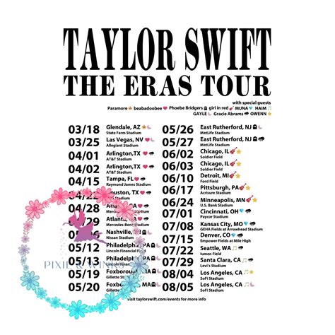 Taylor swift eras tour dates and locations. Taylor Swift has added an extension to her Eras Tour next year, with dates in Toronto, Indianapolis, New Orleans and Miami in the fall of 2024. × Plus Icon Click to expand the Mega Menu 