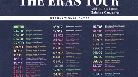 She performs along with guest Sabrina Carpenter in Mexico City Aug. 24-27, Buenos Aires Nov. 9-11, Rio de Janeiro Nov. 17-19 and Sao Paulo Nov. 24-26. The tour picks up in 2024 with four shows in ...