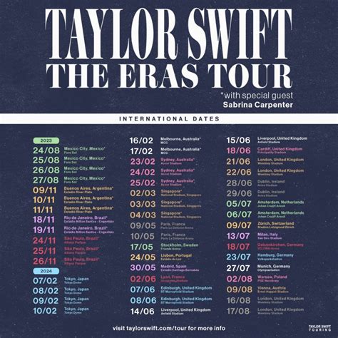 Taylor swift international tour dates. Taylor Swift’s 2023 U.S. Eras Tour Dates. March 17 — Glendale, AZ @ State Farm Stadium; ... Taylor Swift’s International Eras Tour Dates. Aug. 24 — Mexico City, Mexico @ Foro Sol; 