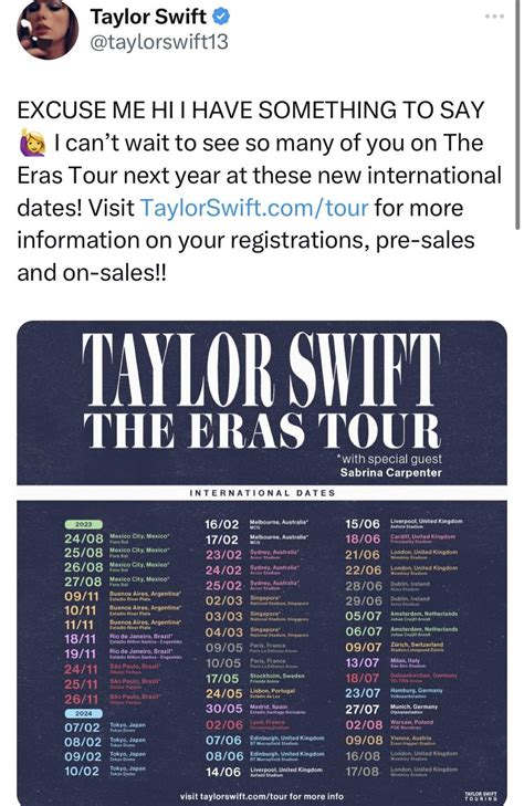 Jul 5, 2023 · Before then was The Red Tour in 2013 and 2014, and her Speak Now World Tour from 2011 to 2012. Taylor Swift The Eras Tour 2023 Europe, Asia, Australia (new dates in bold) Feb. 7 – Tokyo, JPN ... . 
