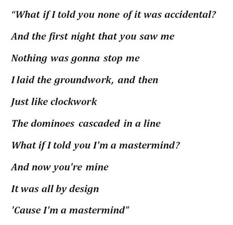 Taylor swift mastermind lyrics. Things To Know About Taylor swift mastermind lyrics. 