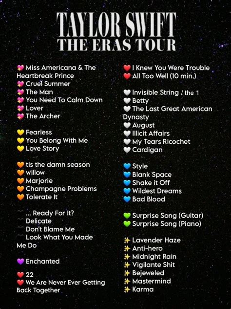 Taylor swift set list. Get the Taylor Swift Setlist of the concert at SoFi Stadium, Inglewood, CA, USA on August 8, 2023 from the The Eras Tour and other Taylor Swift Setlists for free on setlist.fm! 
