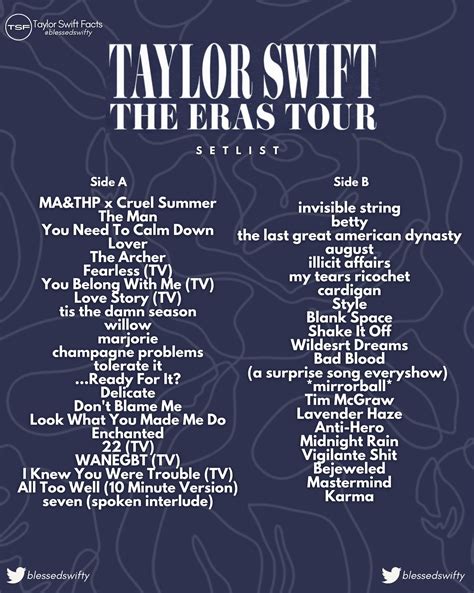 Taylor swift set.list. Mar 18, 2566 BE ... Taylor Swift's Eras Tour setlist: #TSTheErasTour Miss Americana & The Heartbreak Prince Cruel Summer The Man You Need To Calm Down Lover The ... 