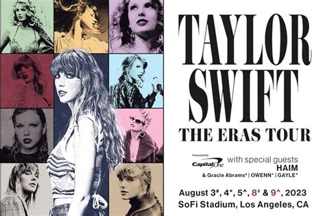 Taylor swift sofi dates. The Eras Tour is the ongoing sixth concert tour by the American singer-songwriter Taylor Swift. Consisting of 152 shows across five continents, the tour ... 