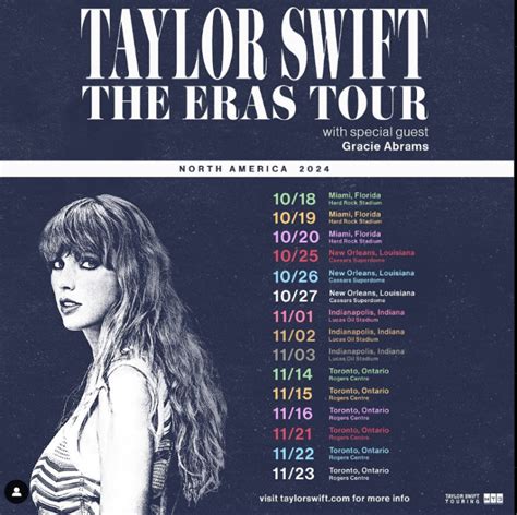 Taylor Swift will perform at Rogers Centre in Toronto, Ontario, Canada, Nov. 14, Nov. 15, Nov. 16, Nov. 21, Nov. 22 and Nov. 23, 2024. Tickets are for sale online.