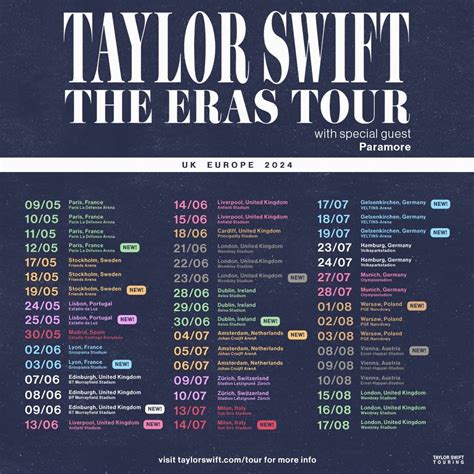 Taylor swift uk tour dates. Taylor Swift | The Eras Tour. Mon, 19 Aug 2024, 16:00. Mon, 19 Aug 2024, 16:00 |. Wembley Stadium, London. Accessible Tickets. Handling and Delivery Fees may apply to your order. VIP Package Terms & Conditions " All sales are final. There are no refunds or exchanges under any circumstances. " The artist, show and venue … 