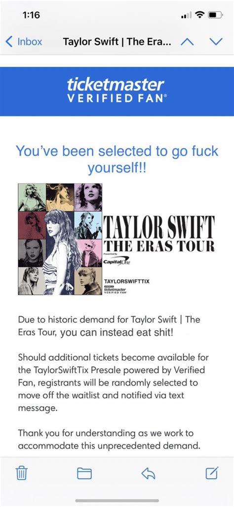 Taylor swift verified fan code. Aug 18, 2023 · What is Ticketmaster Verified Fans, and can you use it for Taylor Swift Eras Tour tickets? ... Ticketmaster will send you a purchase link and unique code between 12 and 24 hours before the presale ... 