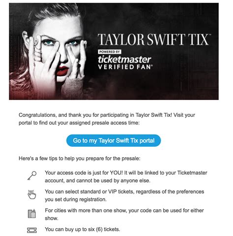 Taylor swift verified fan email. The hour Swifties have been breathlessly waiting for finally arrived on Tuesday morning (Nov. 15) when presale tickets for some dates for Taylor Swift ‘s 2023 Eras U.S. stadium tour went on sale ... 