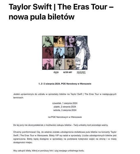 Taylor swift warsaw tickets. PGE Narodowy, Fri, 02/08, 19:00. Find latest news, tickets, current info on GoOut. We know about all the best events. Search. Fri, 02/08/2024, 19:00 Taylor Swift + special guest: Paramore Venue. PGE Narodowy Address. al. Księcia Józefa Poniatowskiego 1, Warsaw ... Taylor Swift will visit Warsaw's National Stadium with a three-hour, career ... 