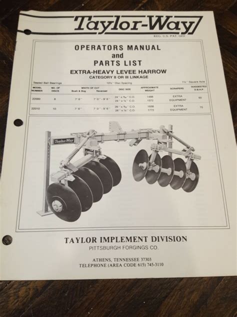 Taylor-way disc parts manual. Find 13 used Taylor Way disks for sale near you. Browse the most popular brands and models at the best prices on Machinery Pete. ... Taylor-Way Pittsburgh model 377 7½-foot disk, 7½" blade spacing, adjustable gang angle, 20" solid rear disk blades, 20" notched front blades, sealed ball gang bearings. Weighs 935 lbs. 