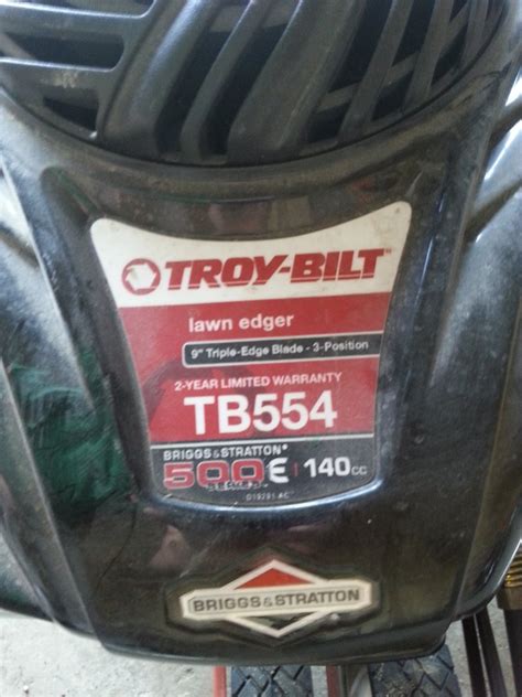 Trimmers & Edgers / Edgers / Gas Edgers. Internet # 319921127. Model # TBE550. Store SKU # 1007736894. Troy-Bilt. 9 in. Tri-Blade 140 cc Briggs and Stratton 4-Stroke Engine Gas Landscape Edger with Curb Wheel