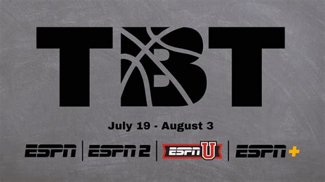 Jul 17, 2023 · ESPN By Joe Lucia on 07/17/2023. The Basketball Tournament (commonly called TBT) returns for its tenth year in 2023, and ESPN once again has comprehensive coverage of the tournament. On Monday ... . 