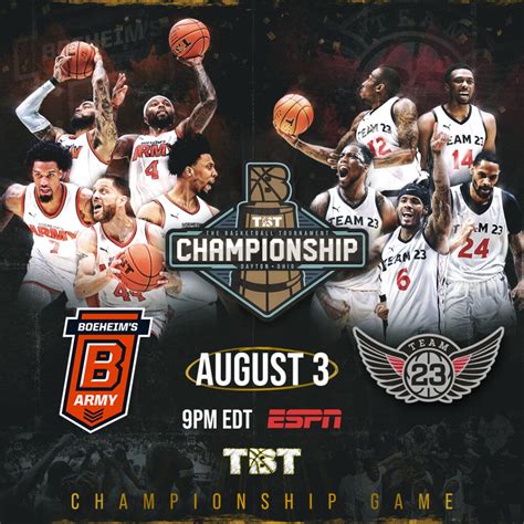 Game 7 – Monday, July 25 – 7 pm ET – Winner of Game 5 vs. Game 6 . Last week, Boeheim’s Army announced its roster for the 2022 TBT. Former Boeheim’s Army guard Eric Devendorf, who was .... 