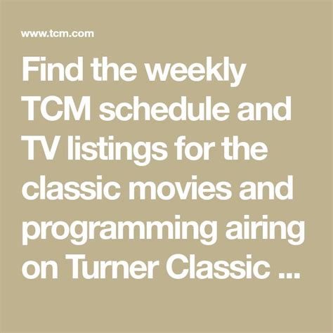 TCM. This simple schedule provides the showtime of upcoming and past programs playing on the network Turner Classic Movies otherwise known as TCM. The show schedule is provided for up to 3 weeks out and you can view up to 2 weeks of show play history. Click the program details to see local timezone information. . 