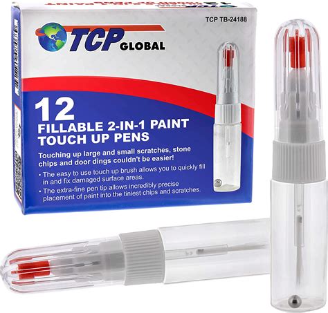 TCP Global Fillable 2-in-1 Paint Touch-Up Applicator Pens (Box of 12) -  Precision Fine Tip Writer Pen Brush - 10ml Bottle, Mixing Ball - Fix Auto