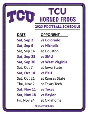 TCU Horned Frogs 5-7 9th in Big 12 ESPN has the full 2024 TCU Horned Frogs Regular Season NCAAF schedule. Includes game times, TV listings and ticket …. 