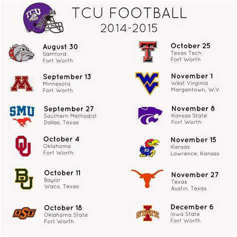 Keep up with TCU Horned Frogs Football in the 2023 season with our free printable schedules. Includes regular season games. Schedules print on 8 1/2" x 11" ...